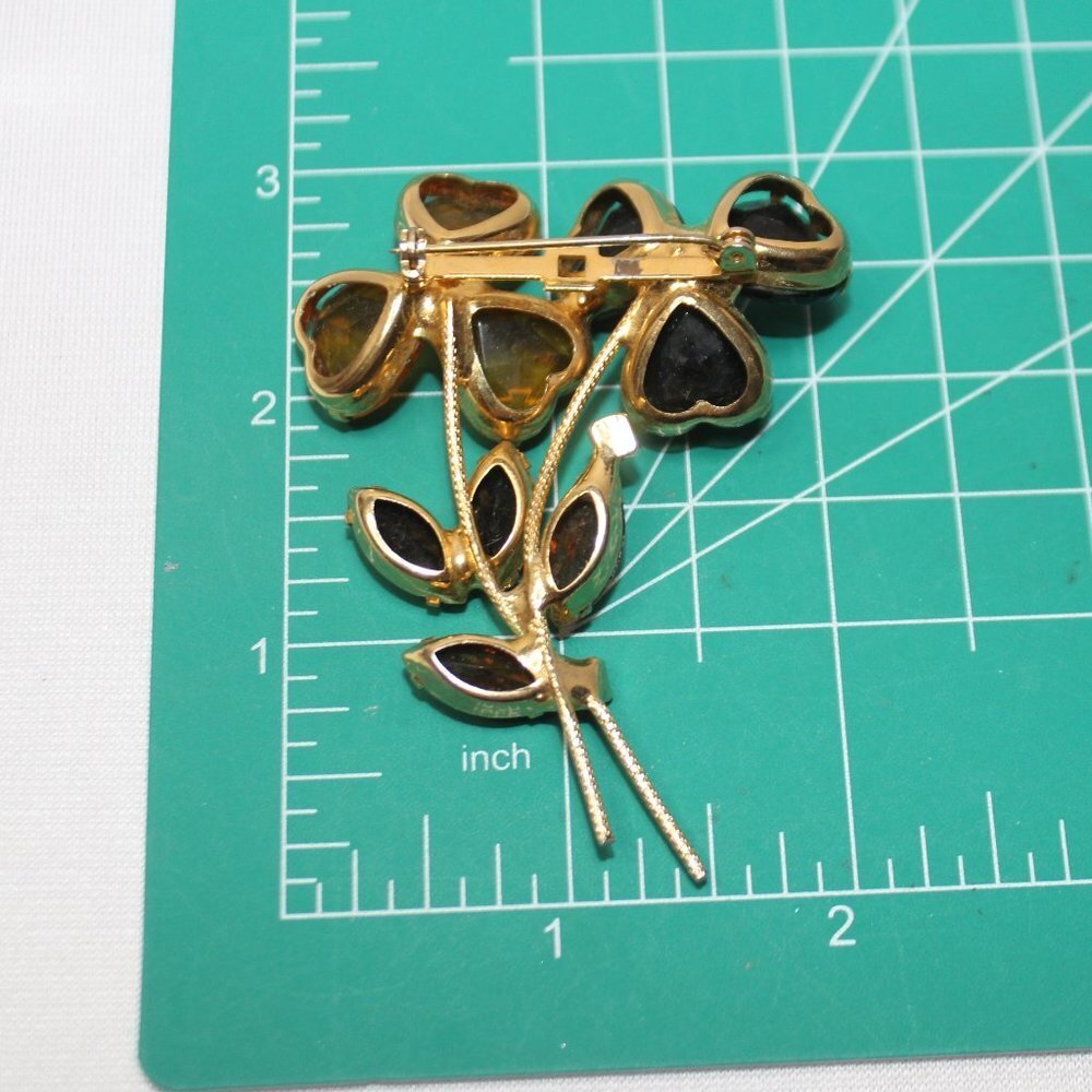 Vintage Amber Crystal and Black Galss Heart Shaped Flowers and Leaves Brooch - Picture 7 of 7